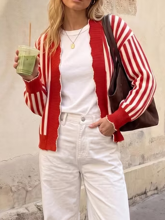 Women Striped Scalloped Trim Open Front Knit Cardigan