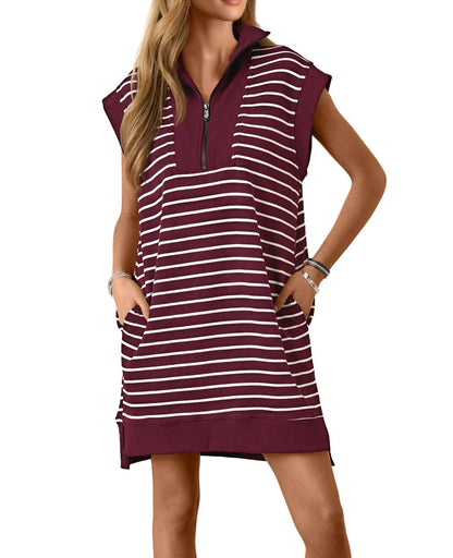 🔥Hot Sale 49% Off-Women's Striped Casual Zipper Cap Sleeve Mini Dress