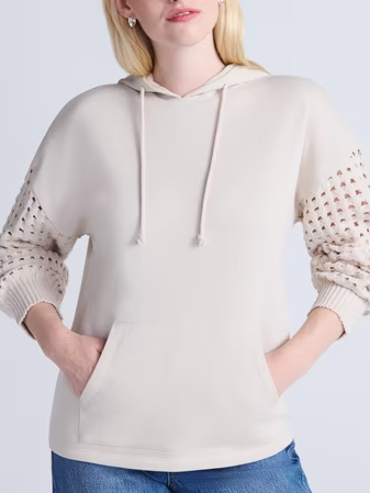 Women Mixed Knit Long Sleeve Hoodie With Pocket