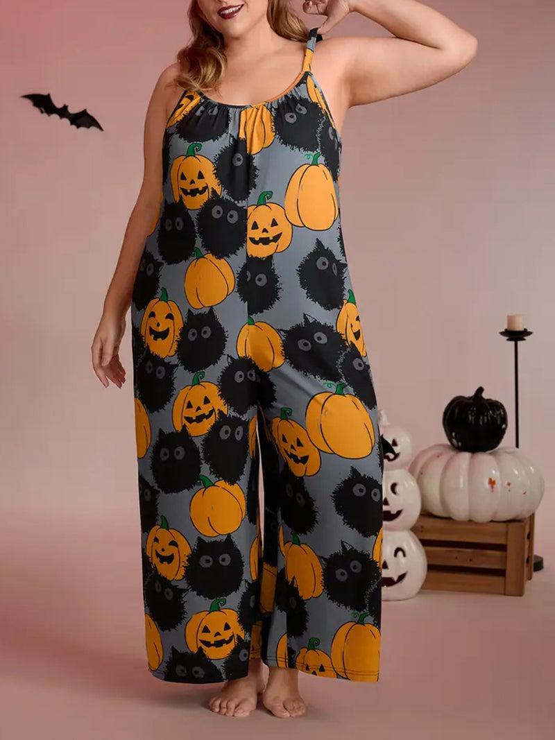 Plus-size pumpkin print wide-leg jumpsuit