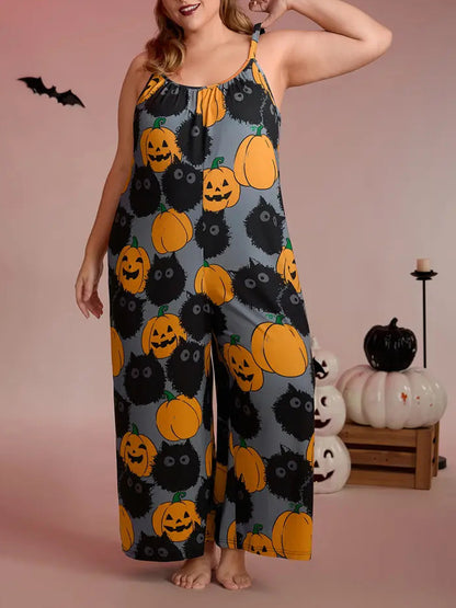 Plus-size pumpkin print wide-leg jumpsuit