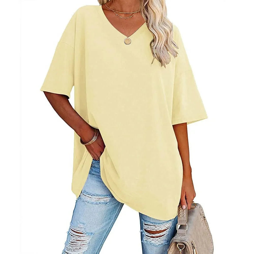 WOMENS LOOSE FASHION V-NECK TOP SHORT & LONG OPTION
