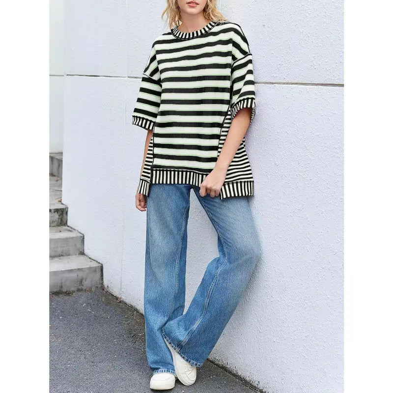 Women's loose striped shirt, summer short-sleeved top, crew neck sweatshirt, casual shirt（BUY 2 FREE SHIPPING)