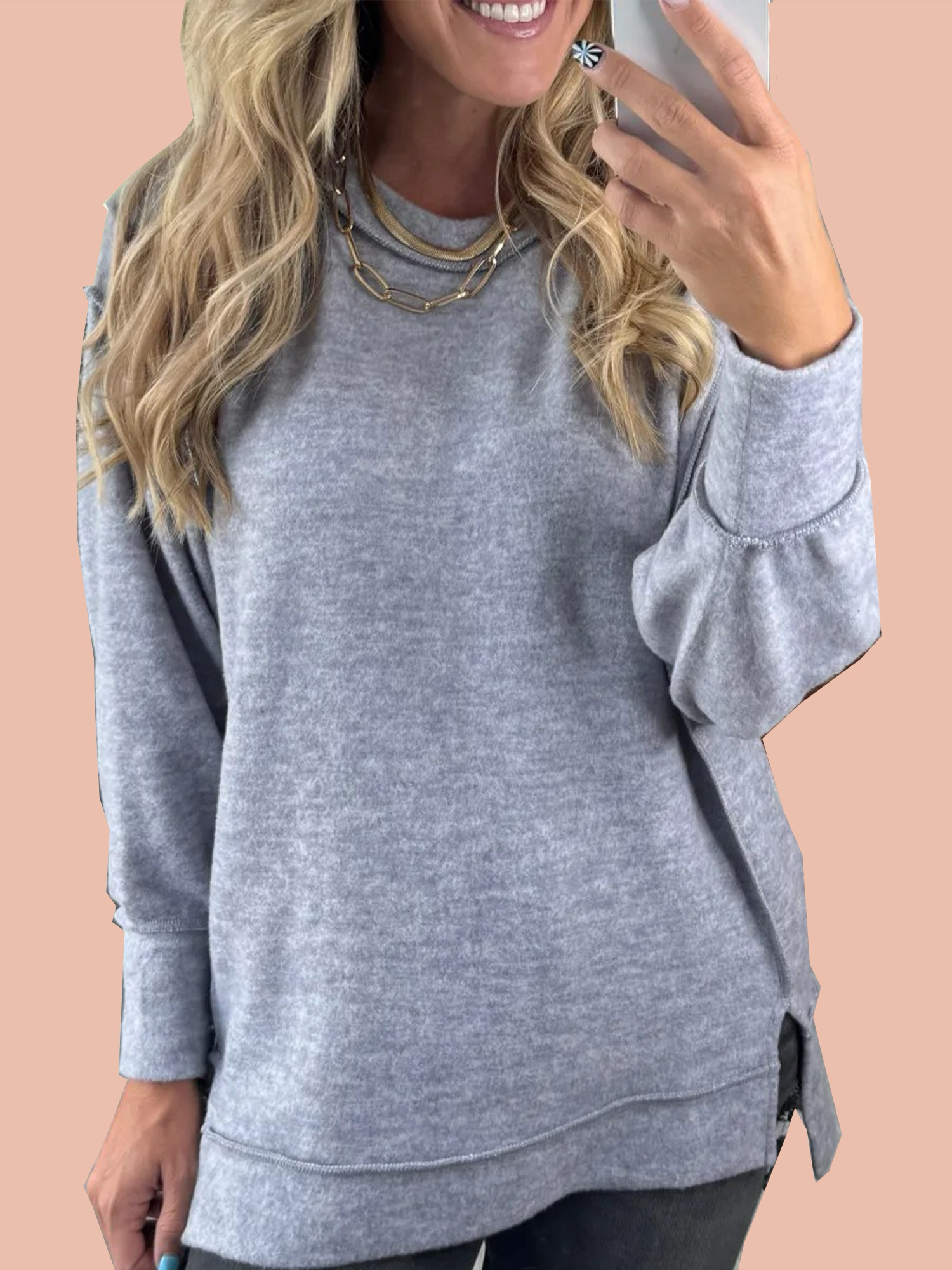 Women's Brushed Melange Side Slit Pullover (Buy 2 Free Shipping)
