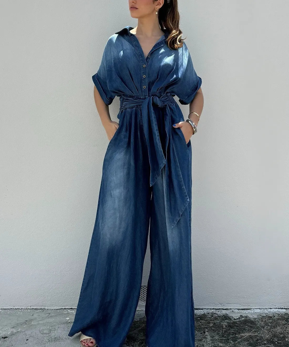 Casual Bat Sleeve Tie-Waist Tencel Denim Wide-Leg Jumpsuit