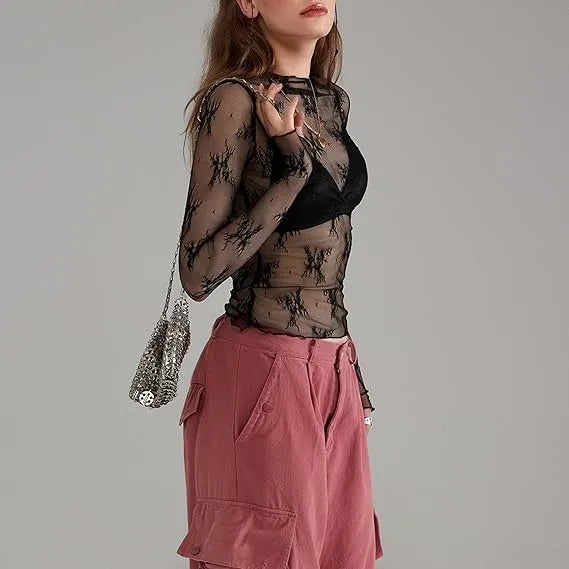 Women Long Sleeve Tops Sheer Lace Basic Shirt Casual Pullover for Fall Club Streetwear Aesthetic Clothes(Buy 3 Free Shipping)