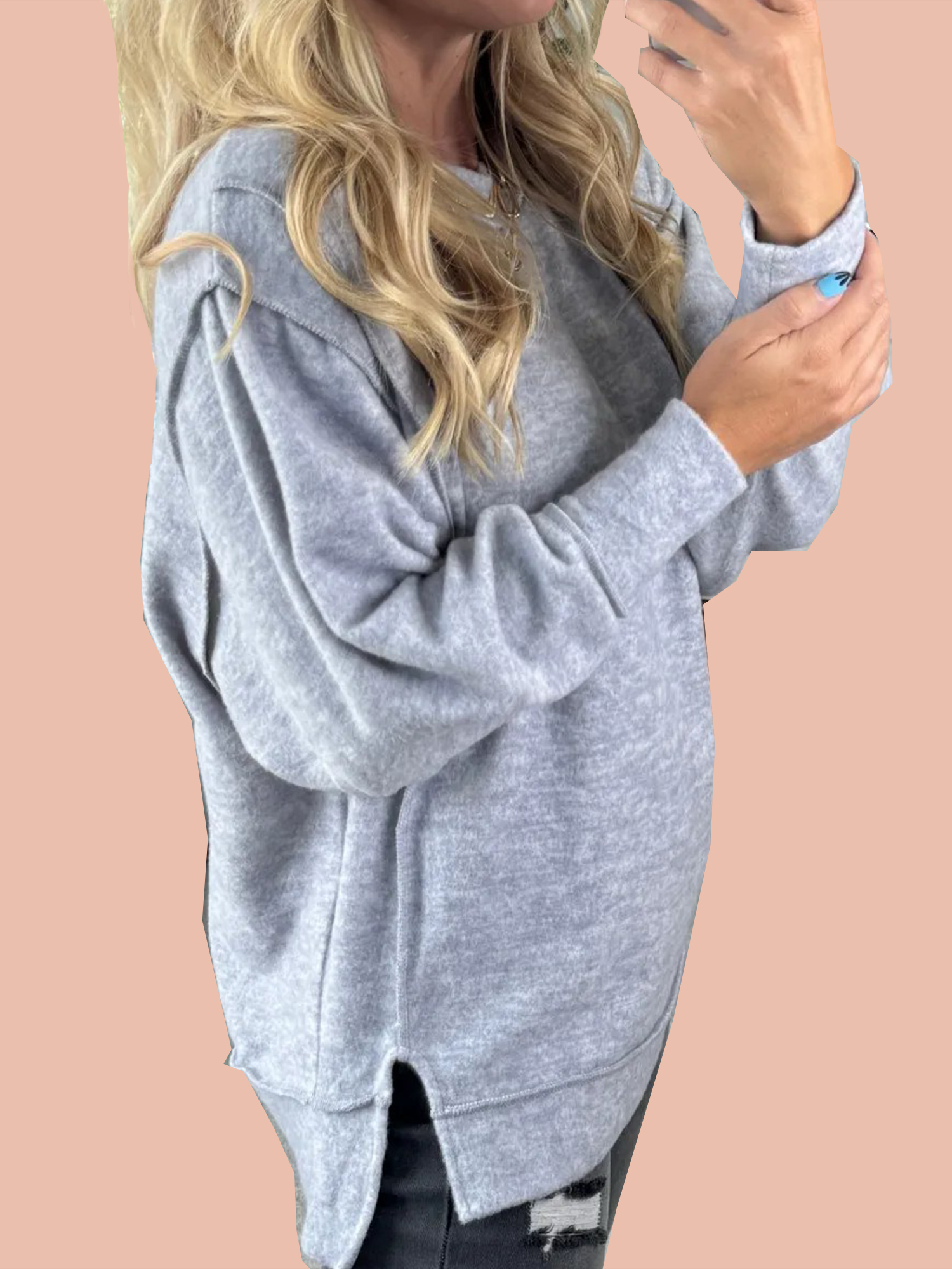 Women's Brushed Melange Side Slit Pullover (Buy 2 Free Shipping)