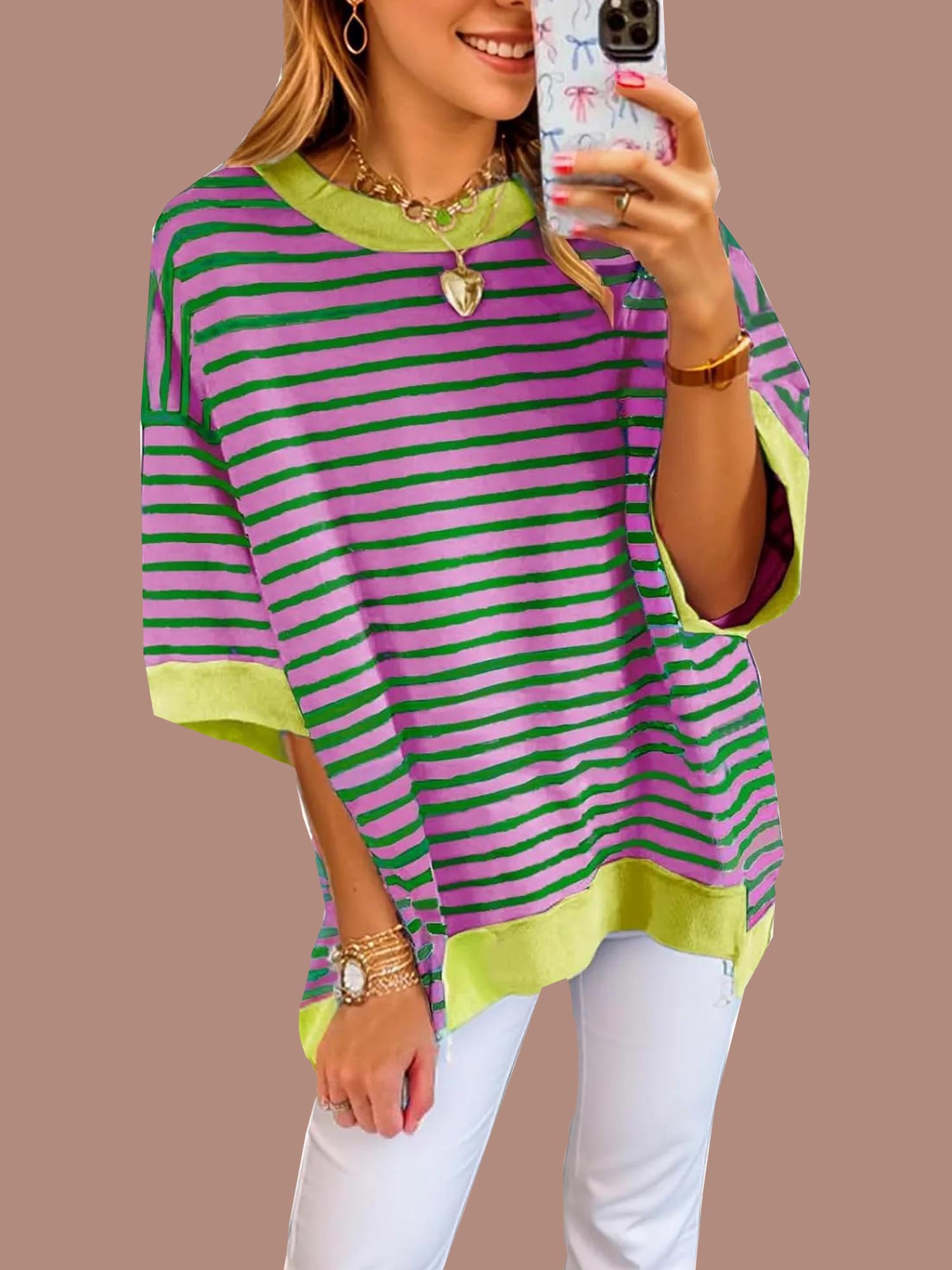 Women's Oversized Striped Color Block Half Sleeve Tops (Buy 2 Free Shipping)