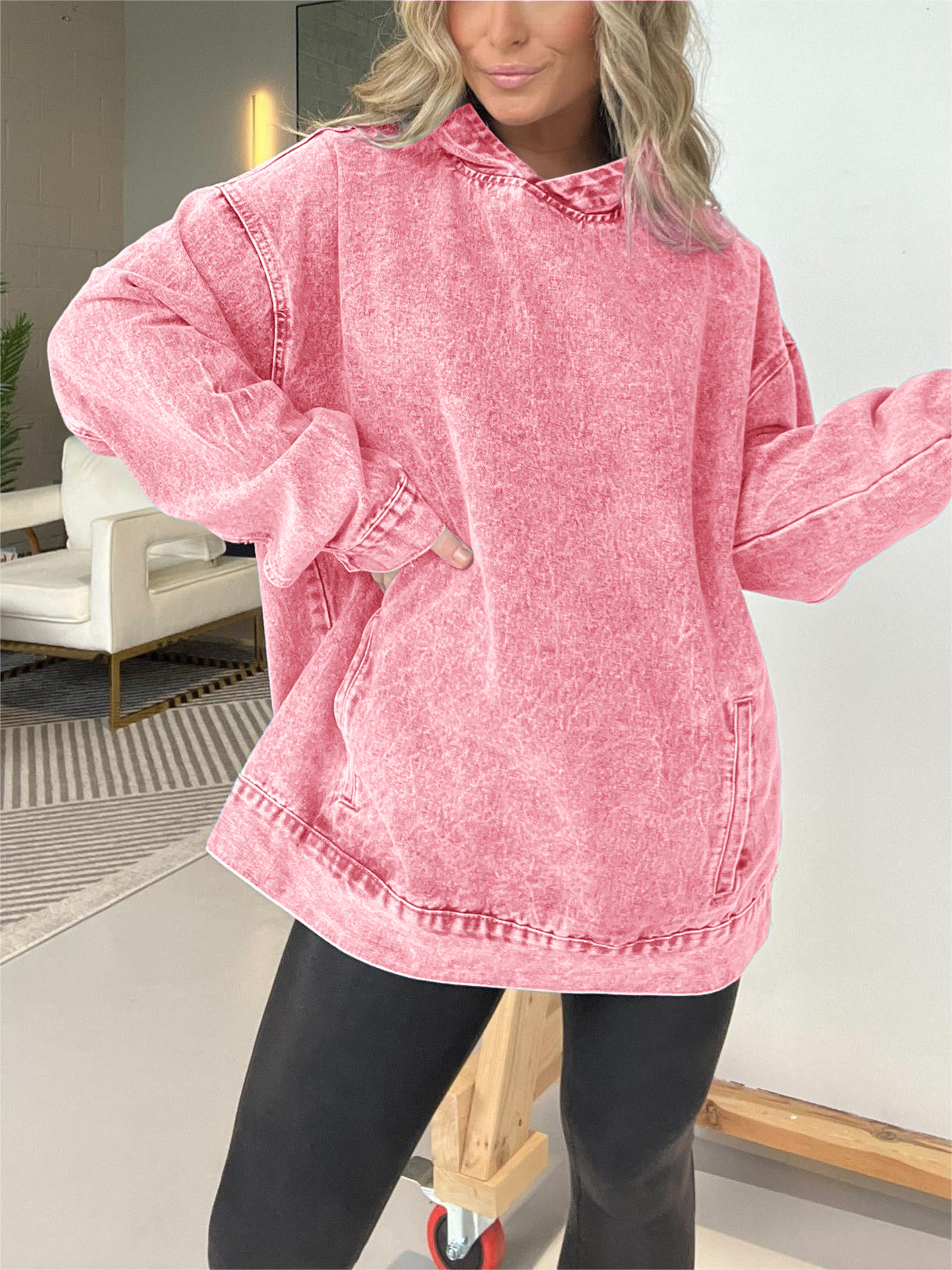 Denim Hooded Sweatshirt with Front Pockets (Buy 2 Free Shipping)