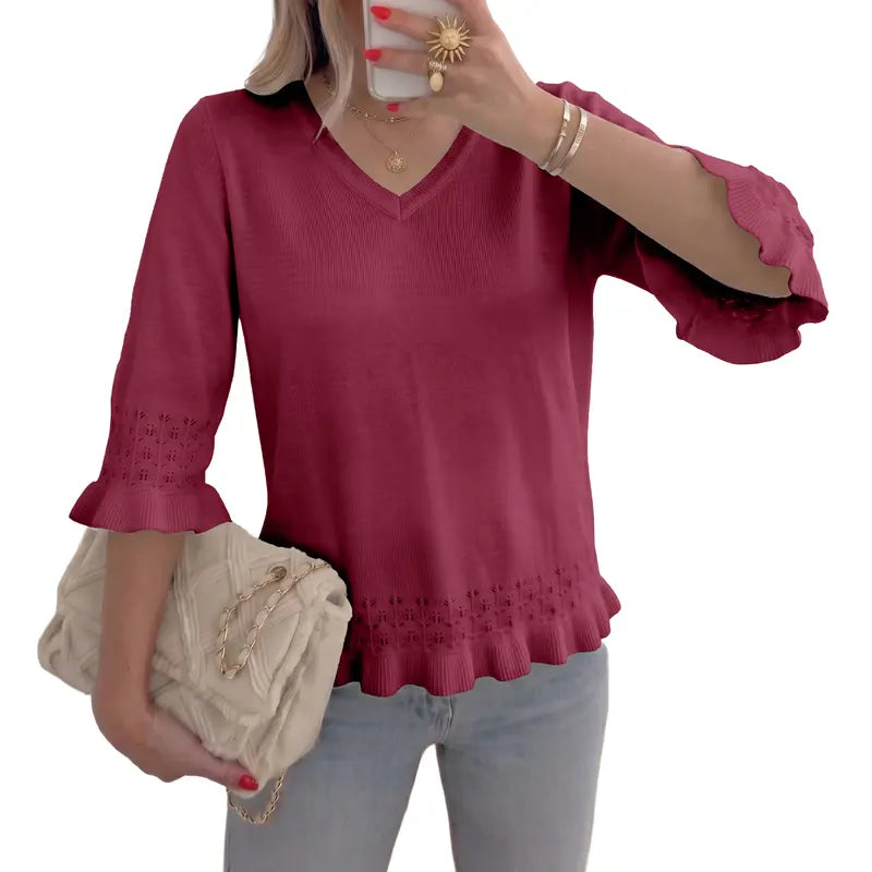 Feminine V-Neck Knit Blouse, Lightweight Ruffle 3/4 Sleeve Casual Top