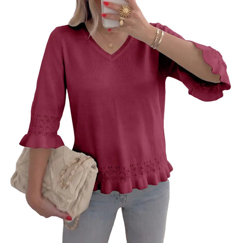 Feminine V-Neck Knit Blouse, Lightweight Ruffle 3/4 Sleeve Casual Top