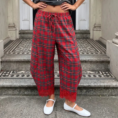 Women's Elastic Waist Drawstring Loose Casual Plaid Lace Trim Harem Pants