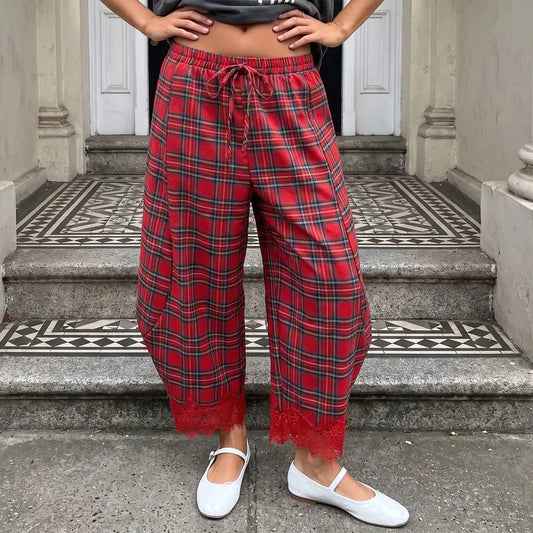 Women's Elastic Waist Drawstring Loose Casual Plaid Lace Trim Harem Pants