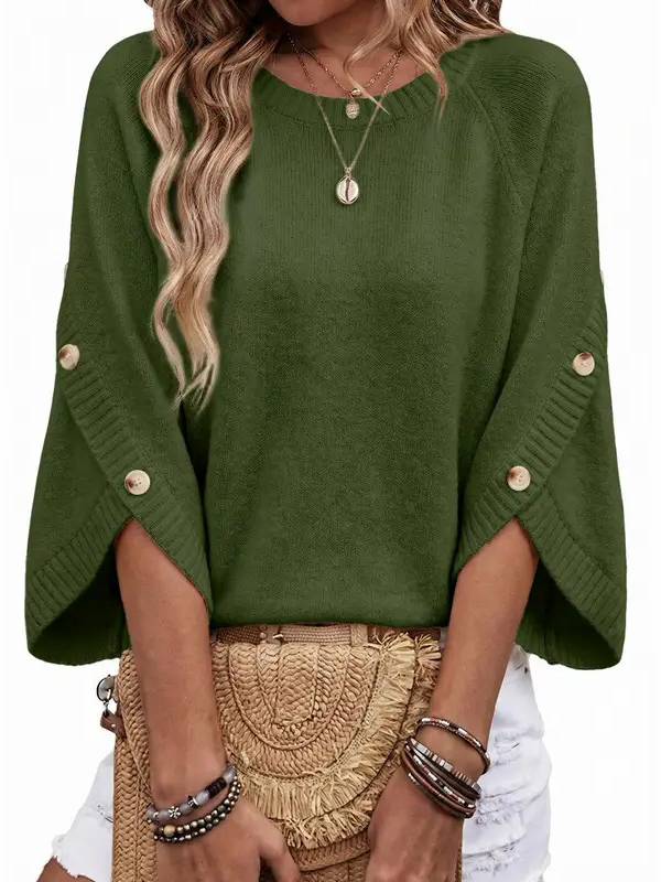 Women Crew Neck Split Button 3/4 Sleeve Oversized Knit Pullover