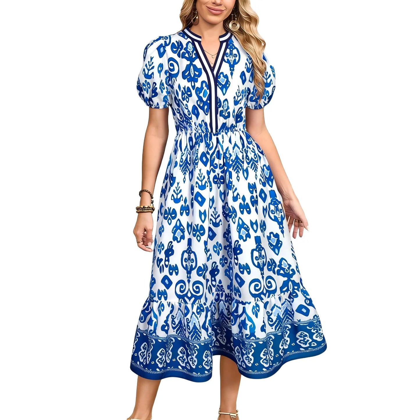 Womens Dresses Floral Puff Short Sleeve V Neck High Waist Maxi Dress with Pockets