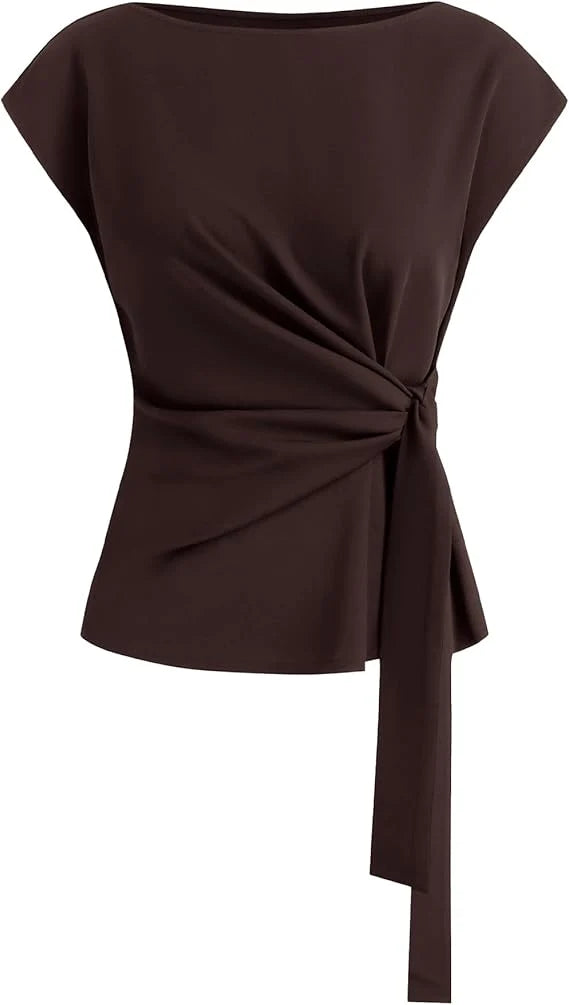 Solid Tie Waist Cap Sleeve Blouse, Elegant Crew Neck Shirt for Business Casual