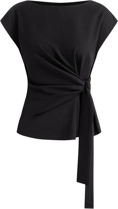 Solid Tie Waist Cap Sleeve Blouse, Elegant Crew Neck Shirt for Business Casual
