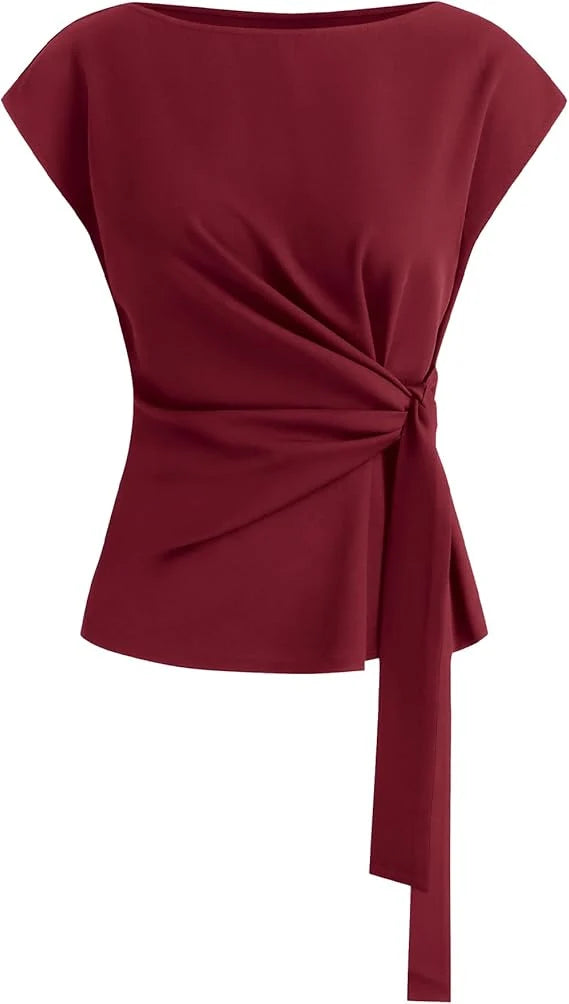 Solid Tie Waist Cap Sleeve Blouse, Elegant Crew Neck Shirt for Business Casual
