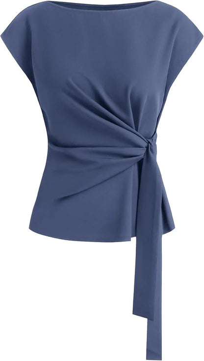 Solid Tie Waist Cap Sleeve Blouse, Elegant Crew Neck Shirt for Business Casual