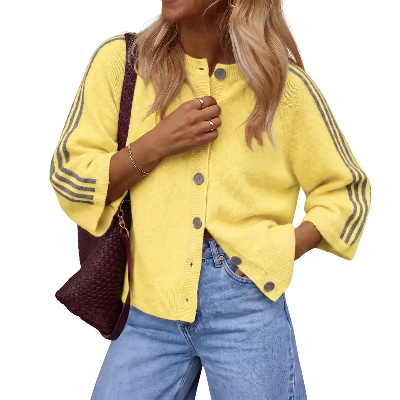 Women's Striped Three-Quarter Sleeve Button-Up Knit Cardigan