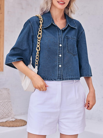 Women's Cropped Oversized Short Sleeve Denim Shirt