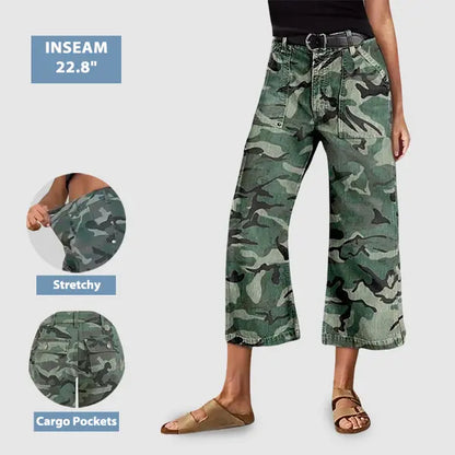 Women's stretch camouflage print mid-rise straight leg capri pants (no belt)