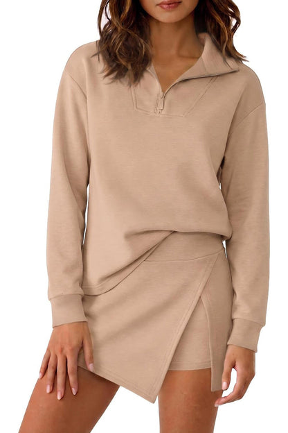 Hot Sale-Women's Half Zip Long?Sleeve Top & Wrap Skort 2 Piece Casual Set
