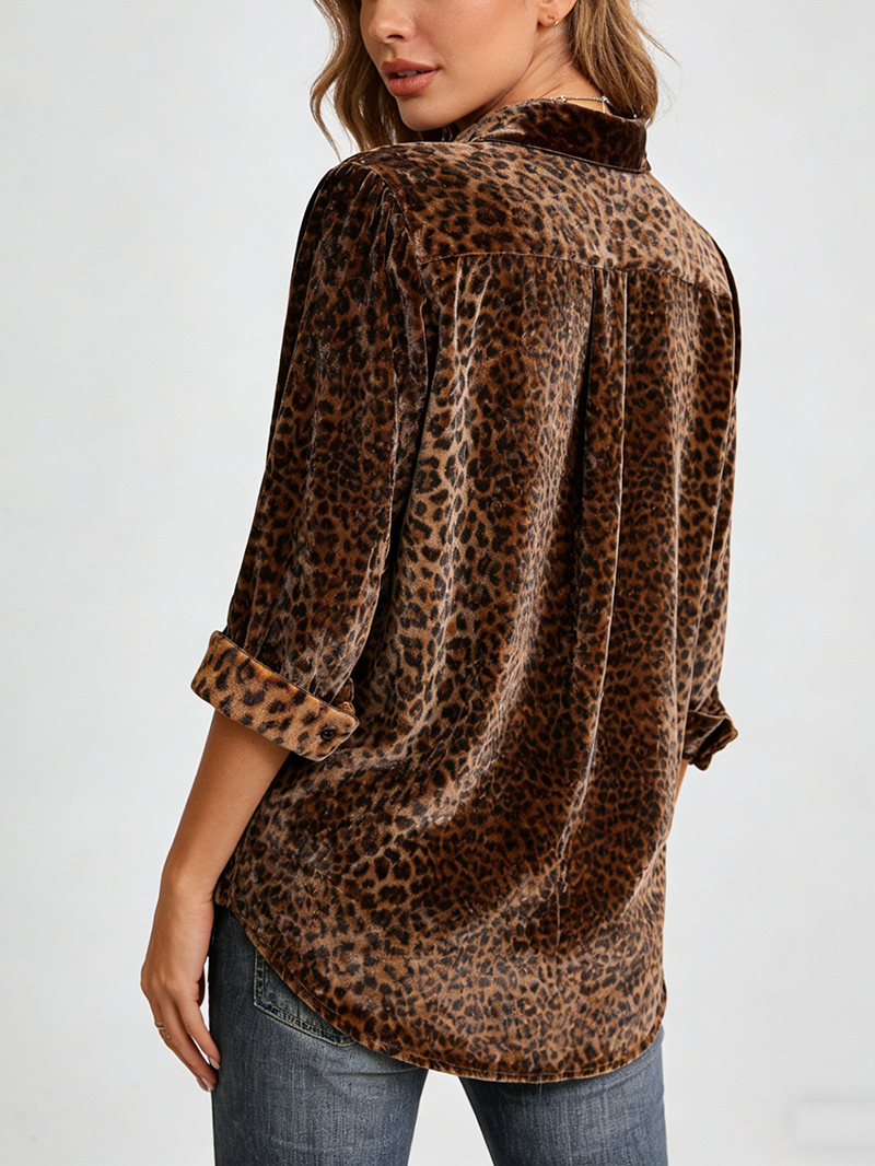 Leopard Print Collared Three Quater Sleeve Velvet Top