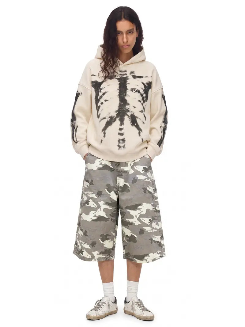 Skull Print Waffle Long Sleeve Top, Y2K Vintage Loose Streetwear Pullover