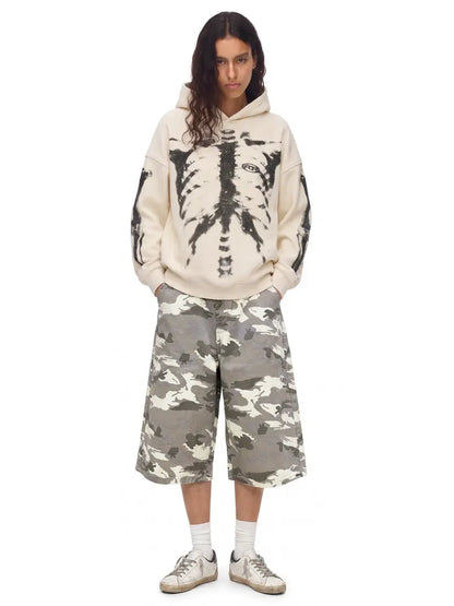 Skull Print Waffle Long Sleeve Top, Y2K Vintage Loose Streetwear Pullover