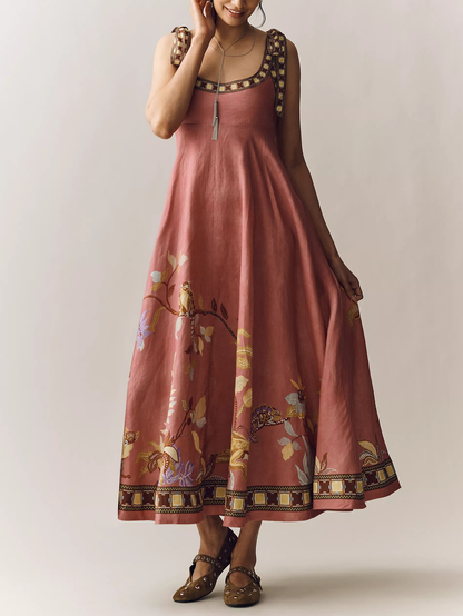 Women's Tie Strap Boho Floral Maxi Dress