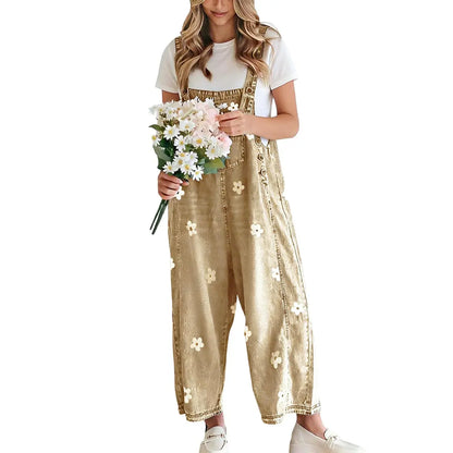 Women Floral Printed Adjustable Strap Denim Bib Overall Wide Leg Jeans Casual Baggy Overalls Jumpsuit