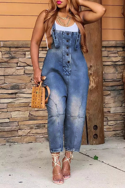 2026 Fashion Casual Designer Style Denim Suspender Jumpsuit