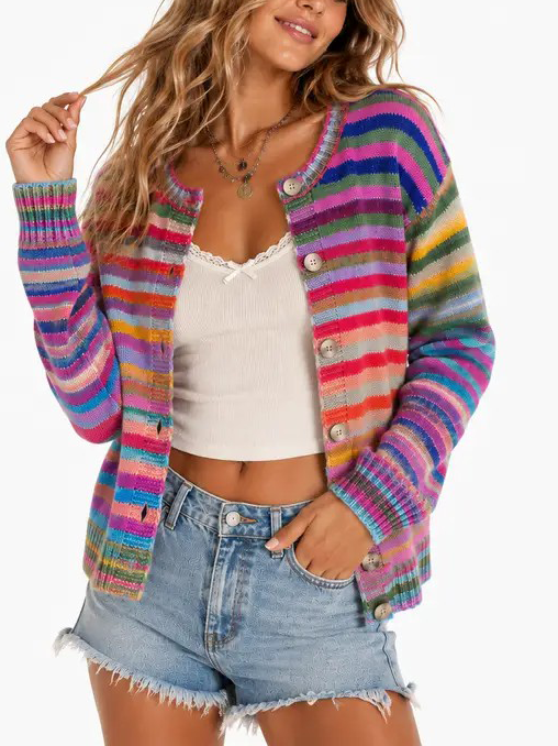 Limited time sale🔥Women Sweet Casual Rainbow Stripe Open‑Front Long‑Sleeve Knit Cardigan