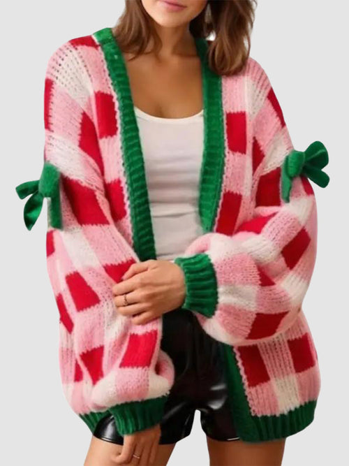 Women's Plaid Bow Knot Open Front Knit Cardigan