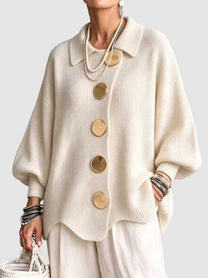 Women French Lapel Irregular Hem Lantern Sleeve Knit Cardigan