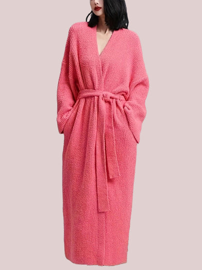 Women's Plush Knitted Long Robe with Waist Belt