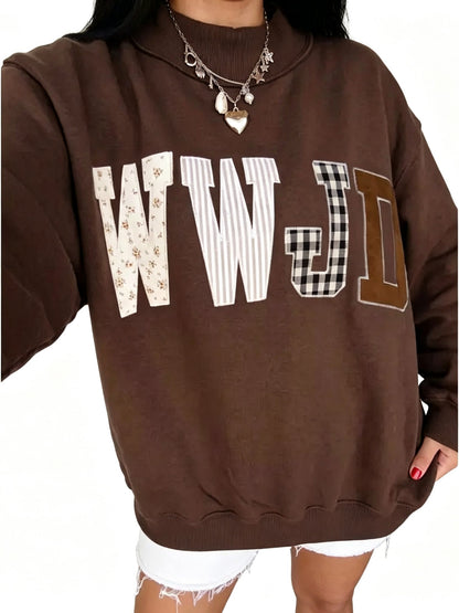 Women Mock Neck Applique Letter Pullover Sweatshirt