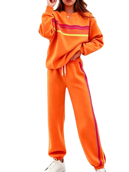 Women Retro Rainbow Stripe 2 Piece Sweat Loungewear Set