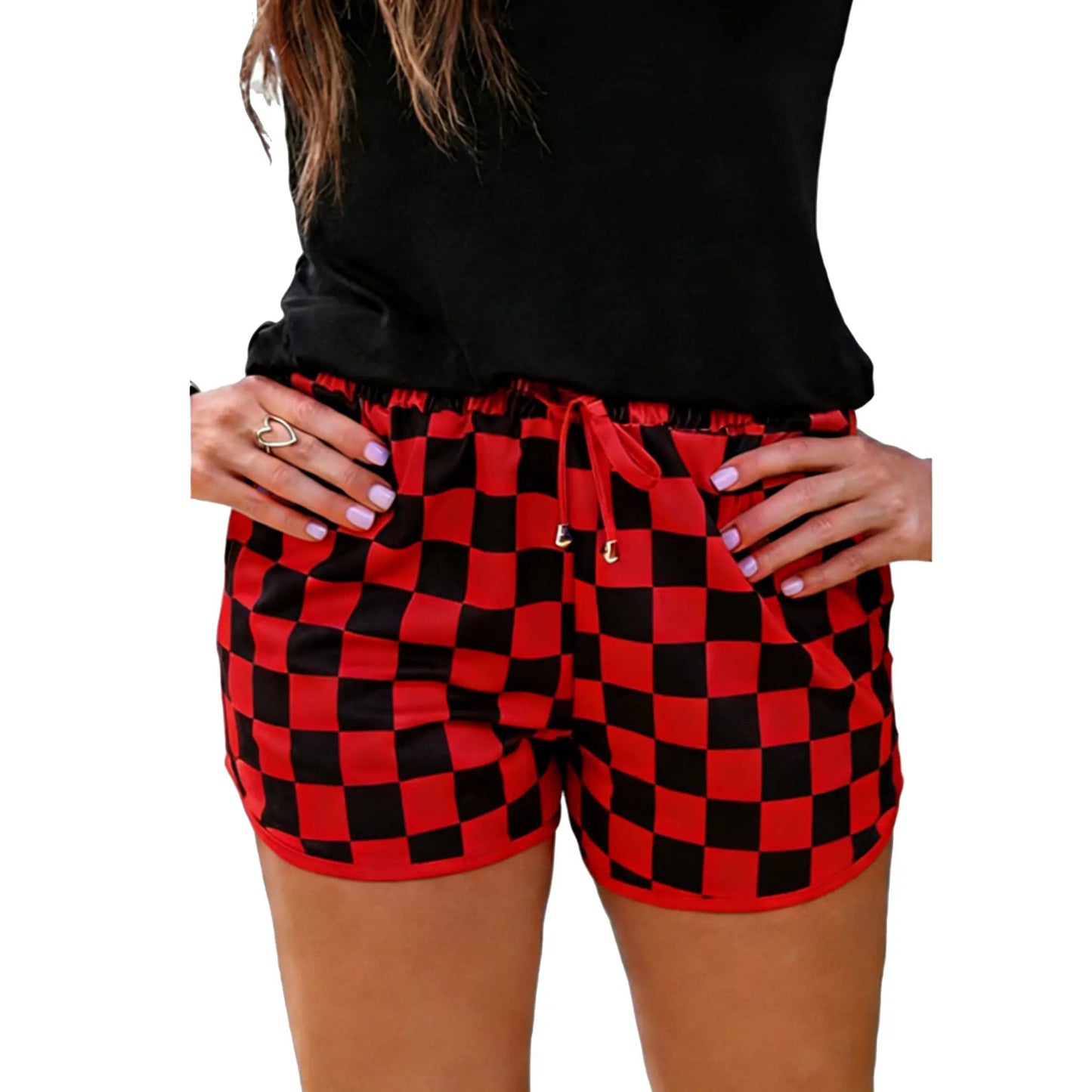 Women's Checkered Adjustable Drawstring Elastic Waist Casual Shorts