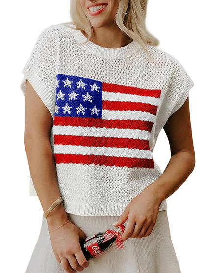 Women's American Flag Print Openwork Knit Sleeveless Sweater