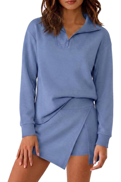Hot Sale-Women's Half Zip Long?Sleeve Top & Wrap Skort 2 Piece Casual Set