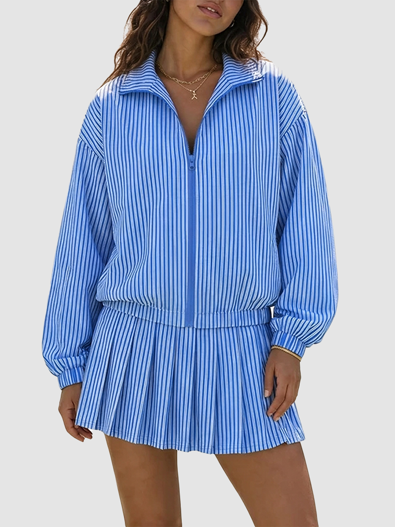 Women Casual Vertical Textured Two Piece Zip Jacket High Waist Pleated Skirt