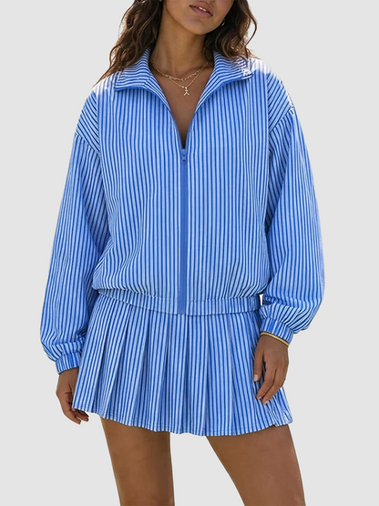 Women Casual Vertical Textured Two Piece Zip Jacket High Waist Pleated Skirt