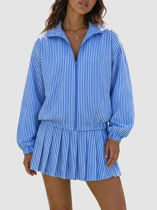 Women Casual Vertical Textured Two Piece Zip Jacket High Waist Pleated Skirt