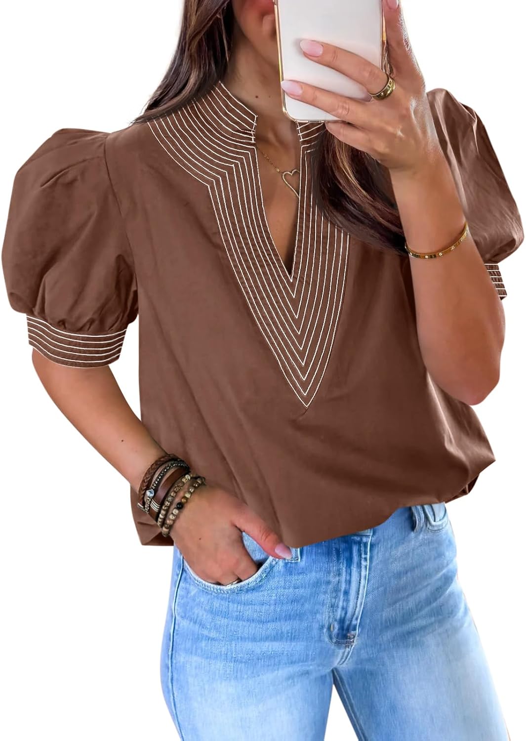 Womens Puff Short Sleeve Blouses V Neck Tops Loose Fit Tee Shirts