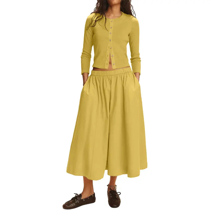 2 Piece Ribbed Cardigan & Wide Leg Skirt Set