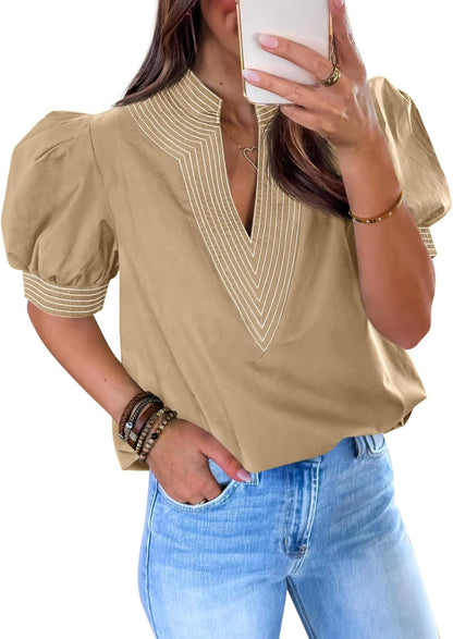 Womens Puff Short Sleeve Blouses V Neck Tops Loose Fit Tee Shirts