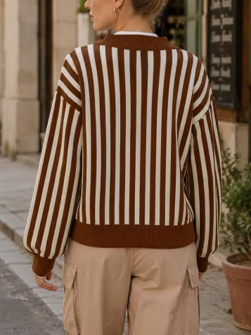 Women Striped Scalloped Trim Open Front Knit Cardigan