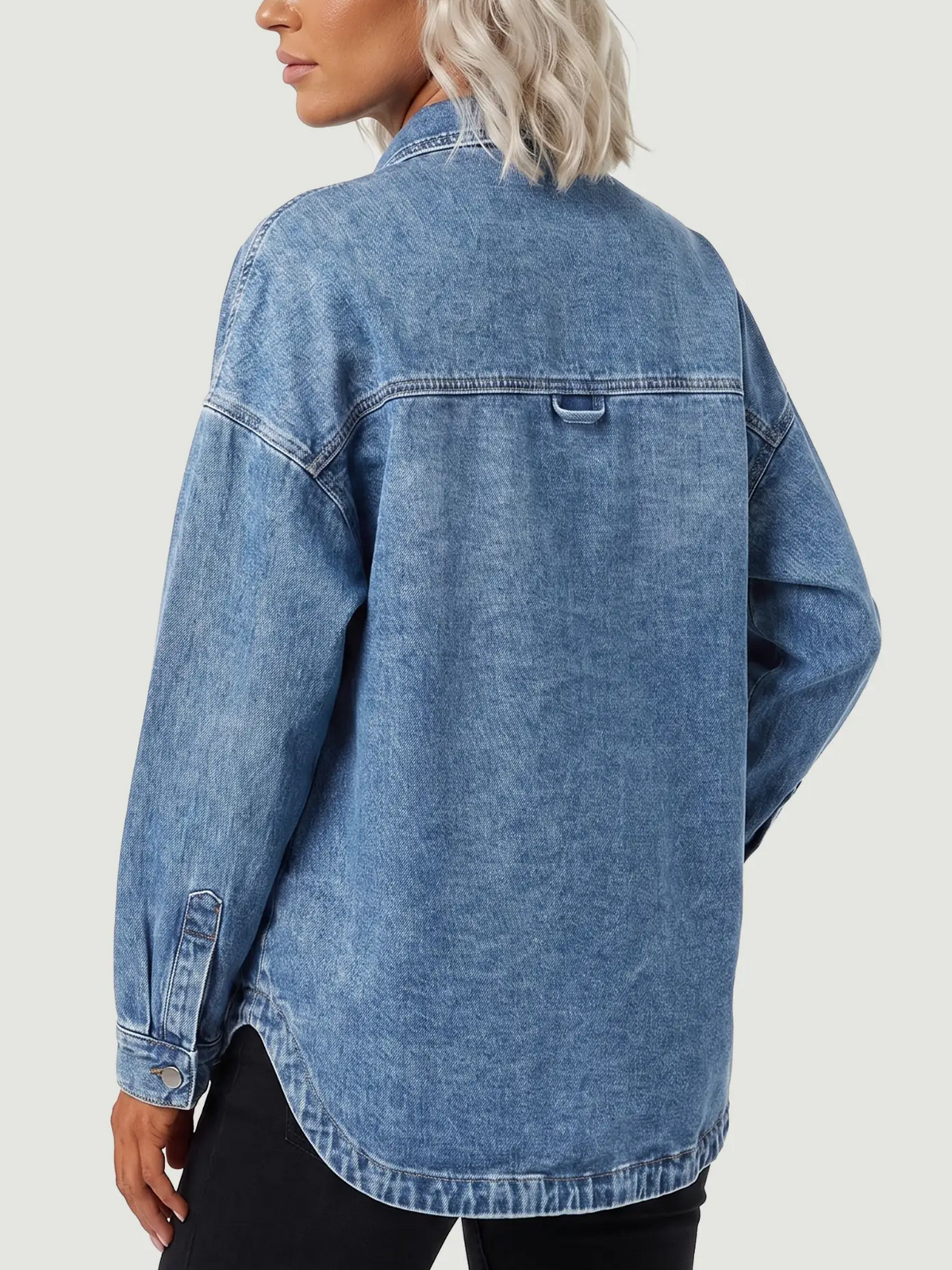Women’s Relaxed Denim Shirt Jacket With Pockets & Curved Hem
